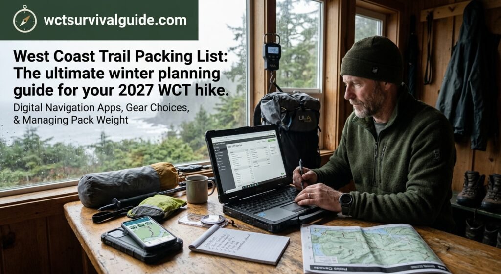 A hiker sitting at a wooden table in winter, using a laptop, a smartphone, and an official Parks Canada paper map to calculate a West Coast Trail packing list.